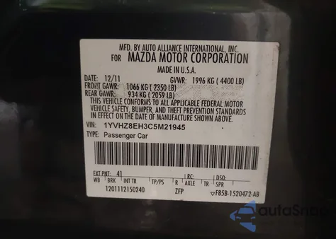 2012 Mazda Mazda6 I Touring Plus z USA, uszkodzony, nr VIN 1YVHZ8EH3C5M21945